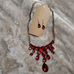 Gold Red Rhinestone necklace earing set